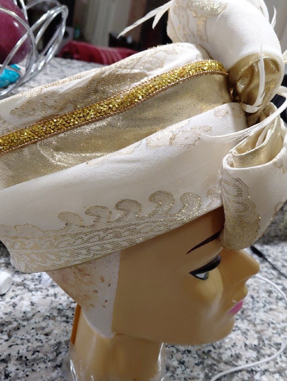 Elegant Ivory Feathered Headwrap with Rhinestone Brooch Ms Divine Hat - Picture 3 of 8